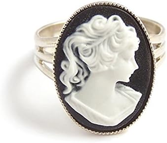 LunarraStar Women Silver Plated Oval Black and White Cameo Victorian Ring Adjustable