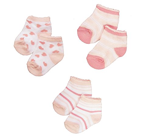 Baby Girls Cute Socks 3 Pairs - Pink Hearts & Stripes Design (Newborn - UK Size 0-0)
