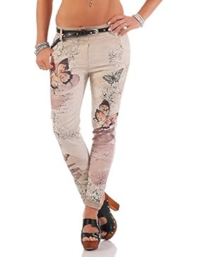 ZARMEXX Damen Boyfriend Baggy Hose Jeanshose Jeggings Stretch Chinohose mit Gürtel 10912 Butterfly-Fantasy -Print