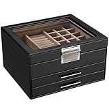 SONGMICS Boîte à Bijoux avec Couvercle en Verre, Coffret à Bijoux à 3 Niveaux avec 2 Tiroirs, Bonne idée Cadeau, Noir JBC239BK