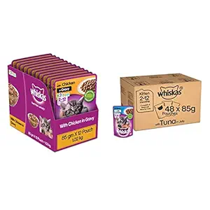 Whiskas Kitten (2-12 Months) Wet Cat Food, Chicken in Gravy, 12 Pouches (12 x 85g) and Kitten (2-12 Months) Wet Cat Food, Tuna in Jelly Monthly Pack, 48 Pouches (48 x 85g)