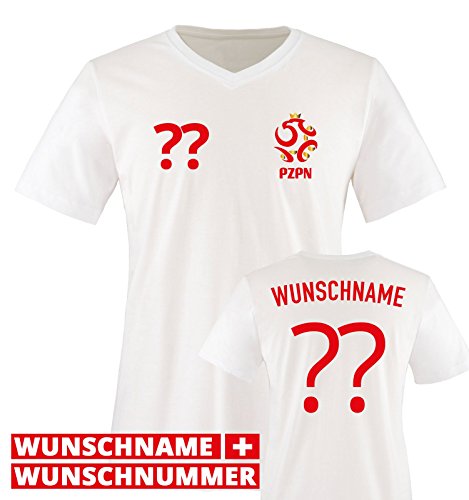 TRIKOT – PO – WUNSCHDRUCK – Herren V-Neck T-Shirt – Weiss / Rot-Gold Gr. L