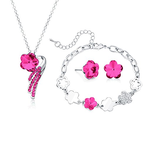 Majesto Juego de Joyas - Conjunto Colgante de Collar y Pendientes y Pulsera Flor Rosa Cristal para Mujer Adolescente niña pequeña mamá - Accesorio de joyería de Regalo Premium 18ct Chapado en Oro