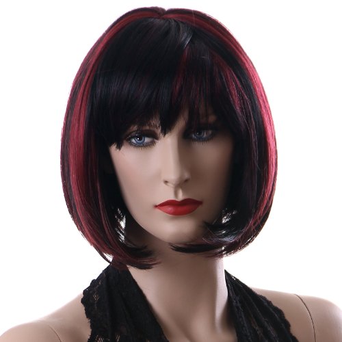 Songmics Neu Perücke Haar Wigs Weiblich Schwarz+rot Glatt Kurz WFY099 - 2