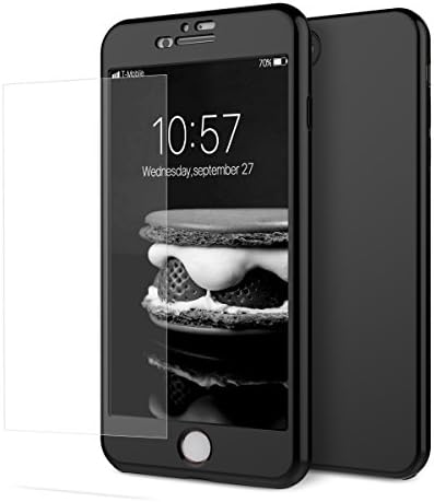VemMore for iPhone 7 Plus Case 3 in 1 Hard Case 360 Degree Full Protection Front &amp; Back + Bulletproof Screen Protector Tempered Glass Film All-round Protective Shell Thin Matte Color Smooth Bumper with Anti-Fingerprint Scratch-Resistant Scratch-resistant Hardcase - Black