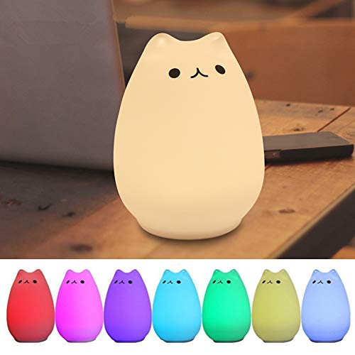 Glamouric Lámpara nocturna infantil, usb, led, recargable, diseño de gato, color de la luz: blanco cálido + 7 colores, silicona 