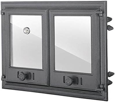 Tradehub Cast iron fire door pizza bread stone wood oven stove smoke clay fireplace with thermometer and heat resistant glass | External dimensions: 675x480 mm | Opening direction: double door