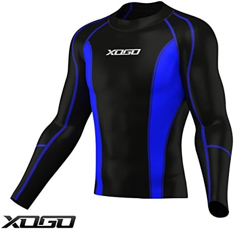 XOGO Mens Compression Armour Base Layer Top Long Sleeve Thermal Gym Sports Shirt Legging Set (Black/Blue Top, Small)