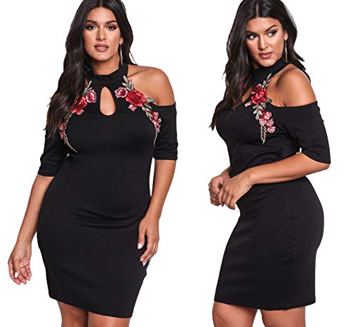 Estera Robe brodée Sexy pour Femme Grande Taille - Noir - 46