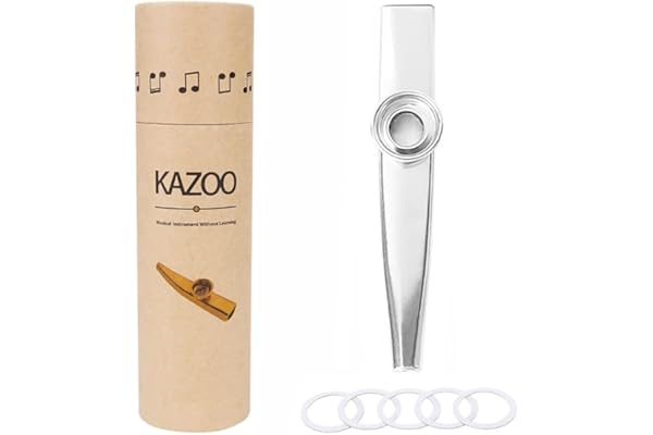 Alnicov Kazoo en métal, alliage d'aluminium Kazoo avec 5 membranes de flûte Kazoo et une belle boîte pour instruments de musique ukulélé guitare partenaire (argent)