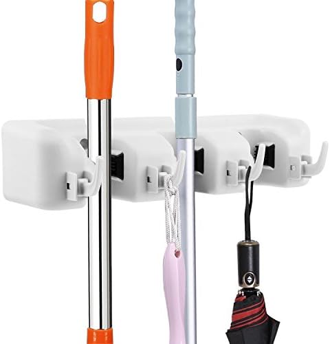 SAVORLIVING Broom Mop Holder Rack Storage Hooks with 3 Position 4 Hooks Wall Mounted Storage Organization Non-slip Suitable for Garage, Kitchen, Basement, Laundry