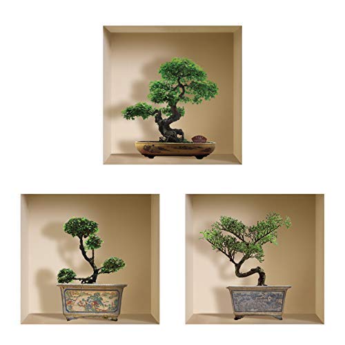 DIY Pegatinas Etiquetas para Pared Desmontables de Vinilo 3D Arte Mágico de Nisha, Conjunto de 3, Bonsai Verde