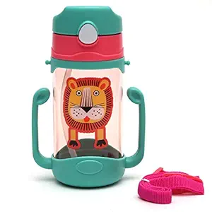 Koochie-Koo Plastic One Touch Open Cute Lion Printed Handy Transparent Sippy Cup Bottle with Handle, Straw and Strap for Kids, Water Bottles for Toddler Boys & Girls (Green, 450 ml)