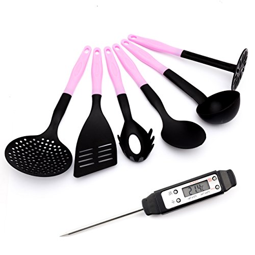 6 tlg. Küchenhelfer Koch Set Kunststoff rosa / schwarz Hitzebeständig bis zu 260 °C Spülmaschinenfest und Digital Einstich Thermometer