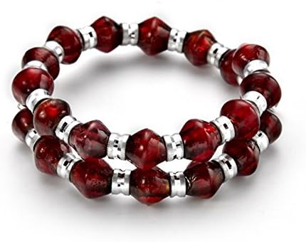 Ruby Red Effect Glass Silver Beaded Bangle