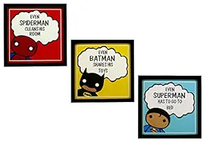 INDIANARA 3 Piece Set of Framed Wall Hanging Kids Room Decor Spiderman Batman Superman Art Prints 8.7 inch X 8.7 inch Without Glass