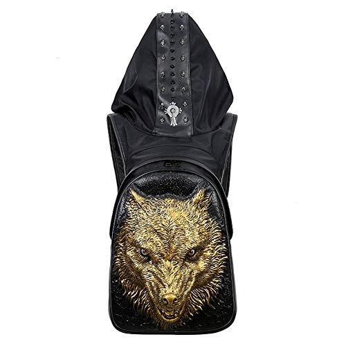 Long Mochila de Cuero para Hombres/Mujeres Mystery Hat Bag Mochila para computadora 3D Skull Waterproof Bag Creative PU Rivet Backpack, Unisex Outdoor Leisure Bag,Gold