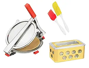 Vessel Crew Combo of Stainless Steel Puri/Roti Maker Press, Silicone Spetula & Oil Brush and Plastic Butter Pot