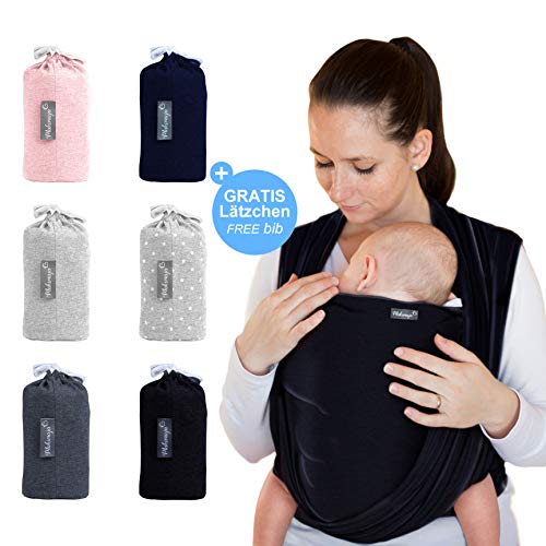 Makimaja - Fascia porta bebè nero - tracolla di alta qualità per neonati e bambini fino a 15 kg - cotone leggero - include una borsa portaoggetti e un bavaglino