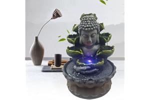 SHZICMY Fuente de Buda de resina, decoración de loto, fuente de agua, fuente de cascada, hogar, oficina, Buda, paisaje acuático, Feng Shui, con fuente LED de 4 colores (estilo 1)