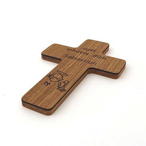 Taufkreuz mit Namen Kinderkreuz aus Holz Holzkreuz Gravur Schutzengel zur Taufe als Taufgeschenk für Taufpate für Mädchen Junge personalisiert mit Name Geschenk zur Geburt, Eiche - 2