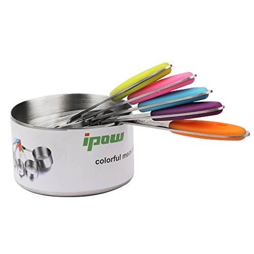IPOW 5er Set Edelstahl Amerikanischer Messbecher Messlöffel mit dem Silikon Griff für Küche Kochen Backen etc. - 5