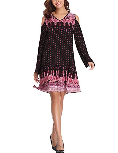 Abollria Robe Femme Bohème Impression Manches Longues Plage Soirée Rétro Col V Chic Été Floral Épaule Dénudée Tuniques Tops Hauts Casual Loose Baroque Lâche Cocktail Vintage, Noir, XXL