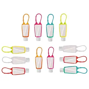 Arovea Leak-Proof, Refillable Silicone Portable Empty 12 Bottles & Cover for Sanitizer with Flip Top Caps, Ideal for Travelling, Keychain, Belt Holder, Hanging On Bags & Purses. (Pack Of 12) with FREE 25ml shampoo & conditioner