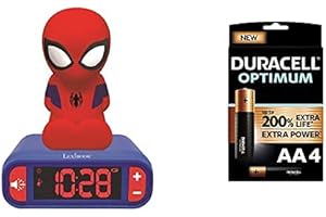 Lexibook- Veilleuse Spider-Man pour Enfant Spiderman Lumineux Effets sonores Marvel Horloge Réveil Garçons Superhéros Snooze Couleur Bleue, RL800SP + Duracell - Nouveau Piles alcalines AA Optimum