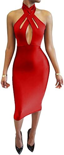 TOB Women's Sexy Halter Bodycon off Shoulder Club Dress Red