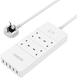 Surge Protector Switched Extension Lead 4 Way Sockets with 5 USB Charger and 1700J Lightning Strikes Protection 1.5m Cord Flat Power Strip UK 13amp Electrical Plug Extender- White
