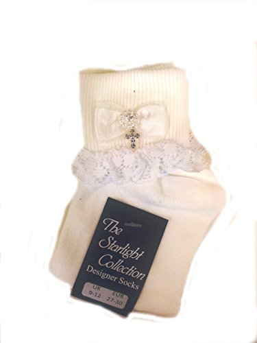 GIRLS WHITE COMMUNION FRILL SOCKS WITH CROSS (12 1/2 - 3 1/2)