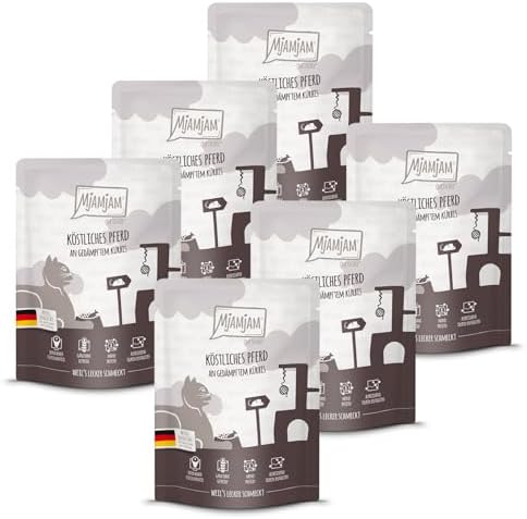 MjAMjAM - cibo umido premium per gatti - Quetschie - delizioso cavallo su zucca al vapore, confezione da 6 (6 x 300 g), senza cereali con carne extra