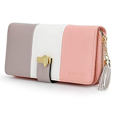 Pomelo Best Portefeuille Femme Cuir Porte Monnaie Porte-chéquiers Porte-Cartes pour 11 Cartes, Gris Blanc Rose