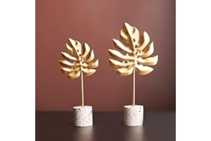 Marimor 2 pcs Skulpturen Deko modern. Ornament mit Basis Stein Statue. Suklpturen Moderne kreative Heimdekoration goldene Ginkgo. Geschenke für Familie Büro Schlafzimmer Bücherregal Modell E