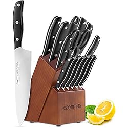 esonmus Set de Couteaux avec Bloc en Bois, Couteaux de Cuisine avec Lame en Acier Inoxydable et Poignée Ergonomique en ABS, 15 Pièces