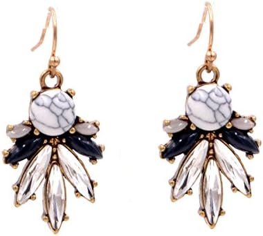 White Turquoise Stone and Crystals Cluster Drop Hook Earrings - Antique Gold Tone (In Organza Bag)
