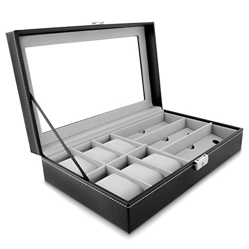 VENKON – 2 in 1 Uhrenbox & Brillenbox mit Schaufenster aus Glas für Aufbewahrung von 6 Uhren & 3 Brillen – Kunstleder Schwarz – 33 x 20 x 8 cm - 6