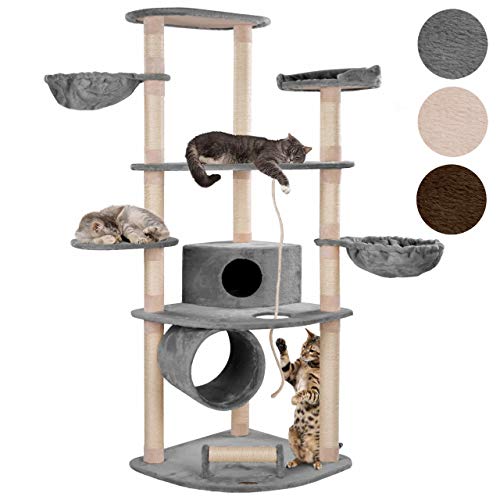 happypet® Kratzbaum für Katzen groß CAT030-4 186 cm hoch, Kletterbaum Katzenbaum, stabile Säulen mit Sisal ca. 8 cm, Haus, Höhle, Tunnel, große Liegemulden, Spieltau-Seil, Spiel-Kratzrolle, GRAU