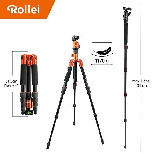 Rollei Compact Traveler No.1 Aluminio | Naranja | Trípode de Viaje Ligero | Trípode fotográfico de tamaño Compacto | Rótula de Bola y Bolsa para trípode