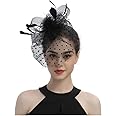 KAIAIWLUO Fascinator Hat - Vintage Black Saucer Sinamay Headband for Wedding, Ascot, Tea Party - Hatinator With Birdcage Veil, Feather, Mesh Face