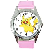 taport Pikachu Pokemon RUND Quarz Uhr Pink leder Band + Gratis Ersatz Batterie + Gratis Geschenkverpackung