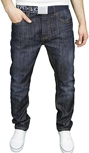 Smith &amp; Jones Mens Branded Classic Regular Fit Straight Leg Belted Jeans (38W x 32L, Darkwash)
