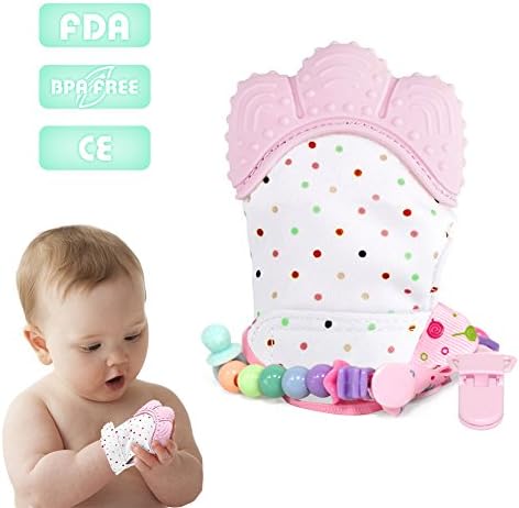 Amteker Baby Teething Mitten Baby Toy - Soother Glove &amp; Baby Pacifier Clip - BPA Free Silicon Teether Toy for Soothing Pain (Light Pink)