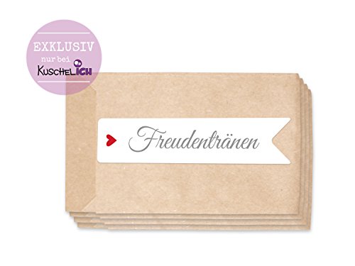Freudentränen Set 100 braune Flachbeutel inklusive 100 Aufkleber / Sticker als Verpackung für Freudentränen Taschentücher – TOP QUALITÄT aus Deutschland von KuschelICH - 3