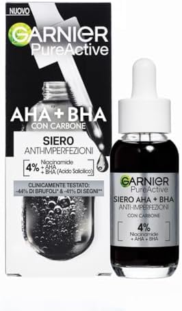Garnier Siero Anti-imperfezioni, Per Pelle Grassa, Impura e Mista,Contrasta Punti Neri e Brufoli, Formula Vegana* con 4% [Niacinamide + AHA + BHA], Siero Pure Active AHA+BHA con Carbone, 30 ml