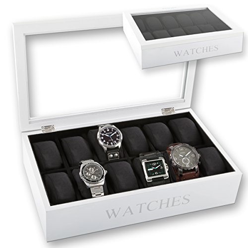 Uhrenbox für 12 Uhren inkl. Uhrenkissen im edlem Design schwarz oder weiß mit Glasfront 34 cm x 20 cm x 9 cm (Weiß) - 2