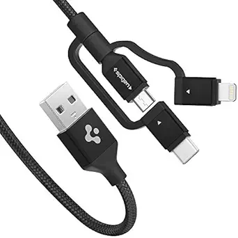 Spigen MFi Certified 3 in 1 Braided Fast Charging Multi Cable (USB-C | Micro USB | Lightning) 1.5 Meters - Black