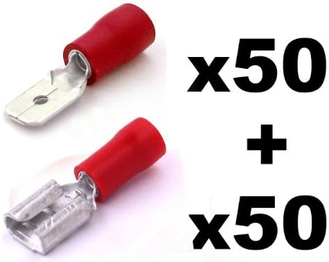 100x Red Semi Insulated Spade Electrical Crimp Connectors/Terminals - Mixed Male & Female for Electrical Wiring - 50x Female and 50 x Male - FREE FIRST CLASS UK POSTAGE!