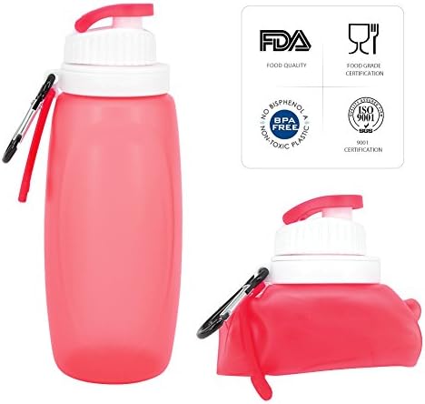Chialstar Collapsible Silicone Sports Water Bottle BPA Free, Eco-friendly 320ml, 10 ounce Made for Running, Gym, Yoga, Outdoors and Camping（Rose red）